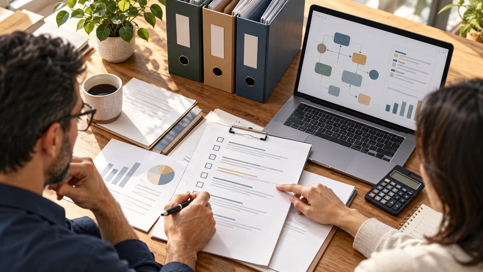 Illustration of two colleagues reviewing a checklist beside business records and a workflow on a laptop.