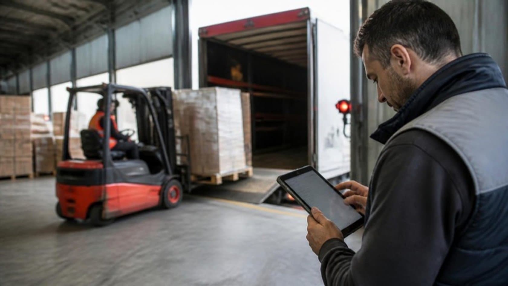 Supervisor checking orders on a tablet at a wholesale distribution loading dock with a forklift