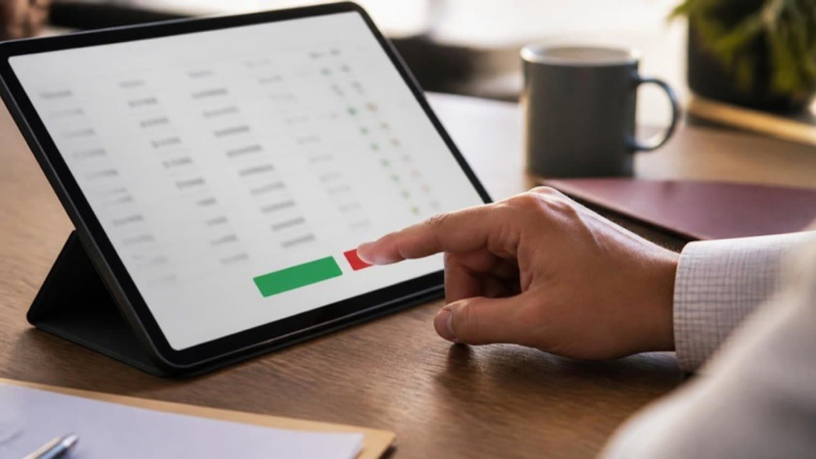Manager's finger about to tap approve on a tablet showing a payment batch prepared for review